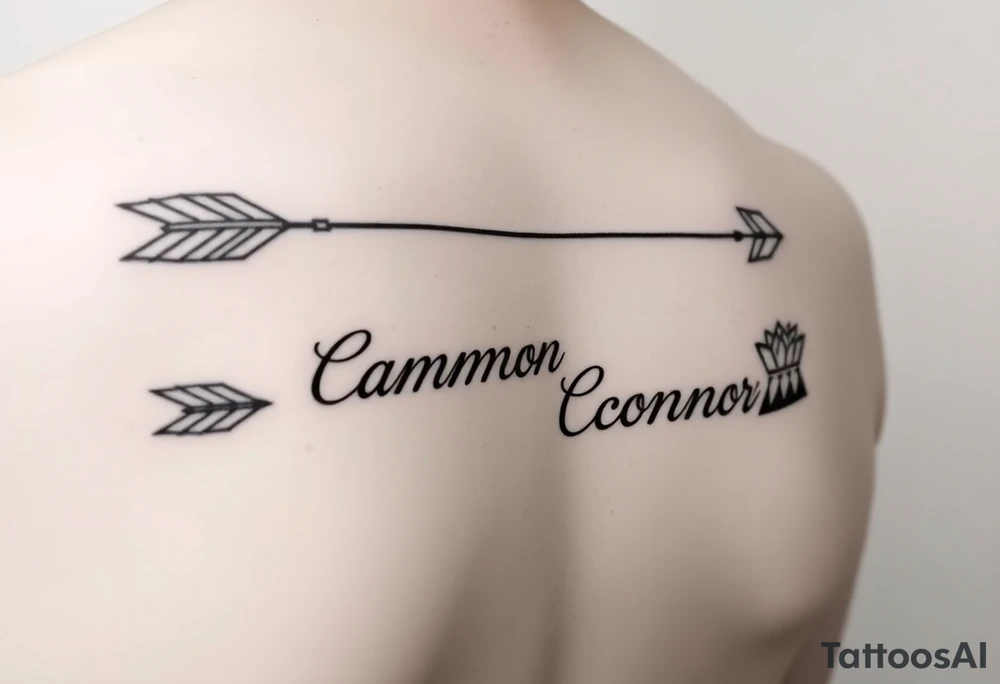 1 fine line  feminine arrow that incorporates the name Cameron and another fine line feminine arrow that incorporates the name Connor tattoo idea