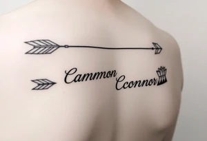 1 fine line  feminine arrow that incorporates the name Cameron and another fine line feminine arrow that incorporates the name Connor tattoo idea