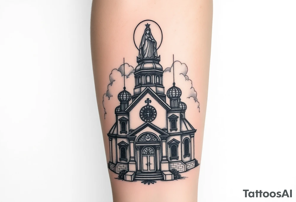 in a dorsal view a detailed orthodox church shrouded with a mist above and fading into a virgin mary overlooking above at the top tattoo idea