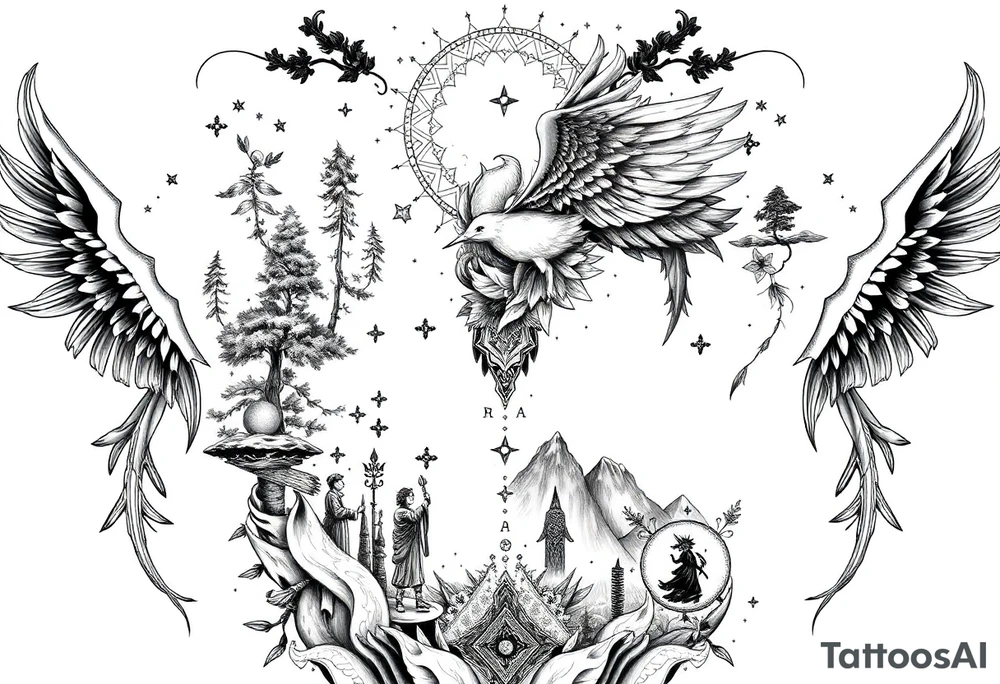 Black and white full-body tattoo concept in a unified, artistic composition. The design subtly blends together hidden elements from anime (Naruto, One Piece, etc.), ancient mythology (Norse, Greek), nature (trees, wind, mountains, water), angelic figures, and spiritual symbols. Each component is woven into the overall image like a visual puzzle – not all details are visible at first glance. The style should be intricate, flowing, and surreal, like a dreamlike mural across the body. The design must appear as one large cohesive artwork, made of soft shadows, fine linework, and smooth transitions tattoo idea
