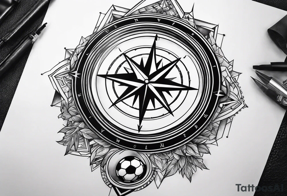 Football tattoo with compass and family tattoo idea
