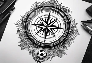 Football tattoo with compass and family tattoo idea