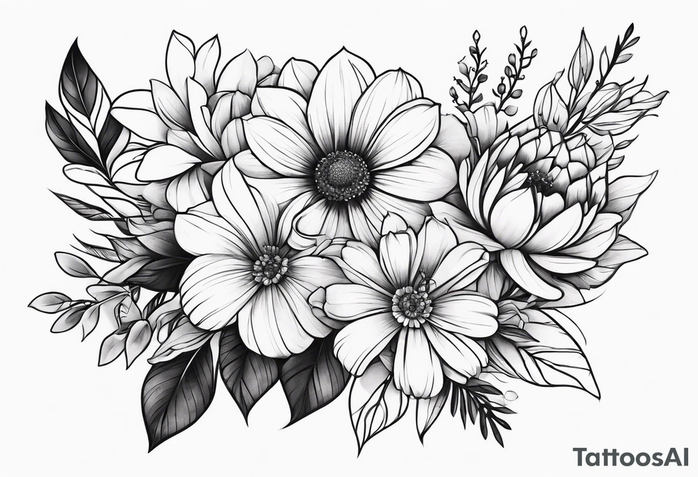 Flower bouquet on outer upper arm tattoo idea