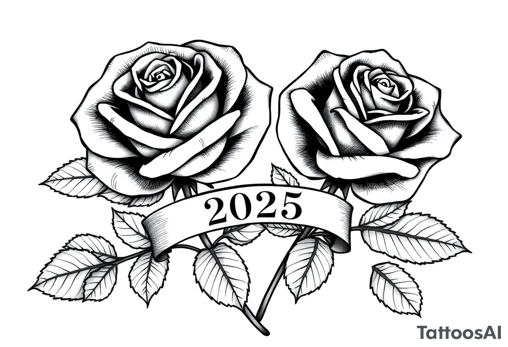 two beautiful large rose buds, one larger than the other, with lots and lots of leaves next to the rose buds, with one sitting slightly higher than the other, side-by-side.  Include a banner connecting the two roses with the year 2025 on it.   Use dark outlines with little shading. Remove all stems from the roses. tattoo idea