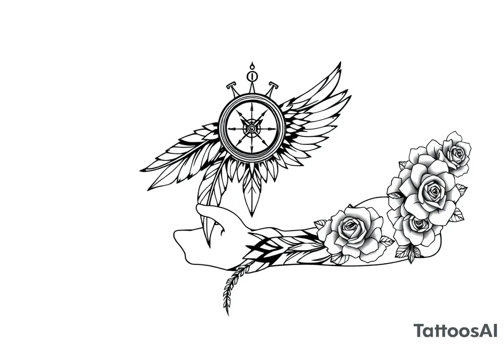 feathers with compass  a clock on elbows with roses tattoo idea