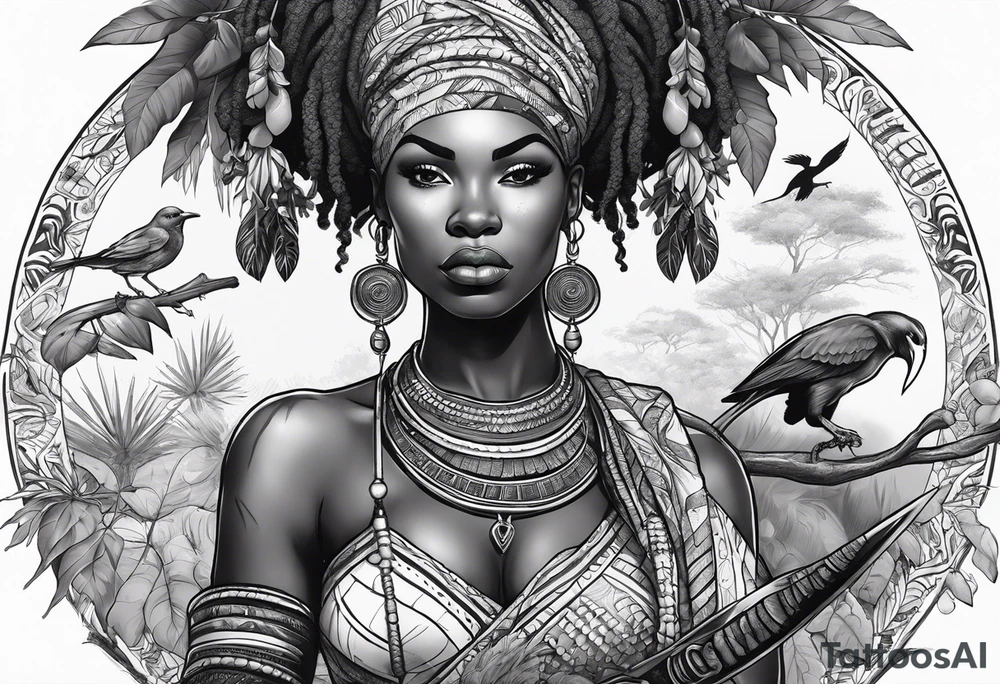 African woman warrior holding spear with deadlocks and earrings. With leafs, trees, birds and Elephants in the background tattoo idea