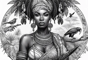 African woman warrior holding spear with deadlocks and earrings. With leafs, trees, birds and Elephants in the background tattoo idea