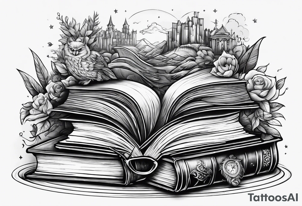 Stack of books surrounded by fantasy elements tattoo idea