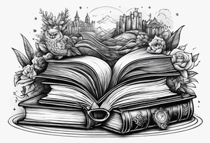 Stack of books surrounded by fantasy elements tattoo idea