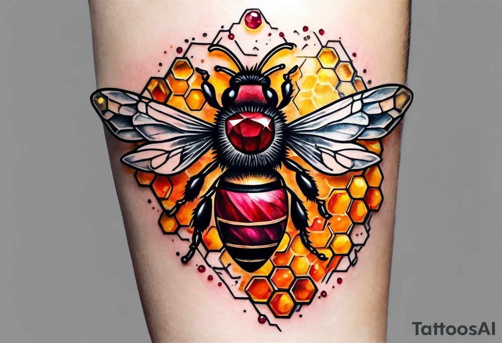 A forearm tattoo of a ruby gemstone and a honey bee tattoo idea