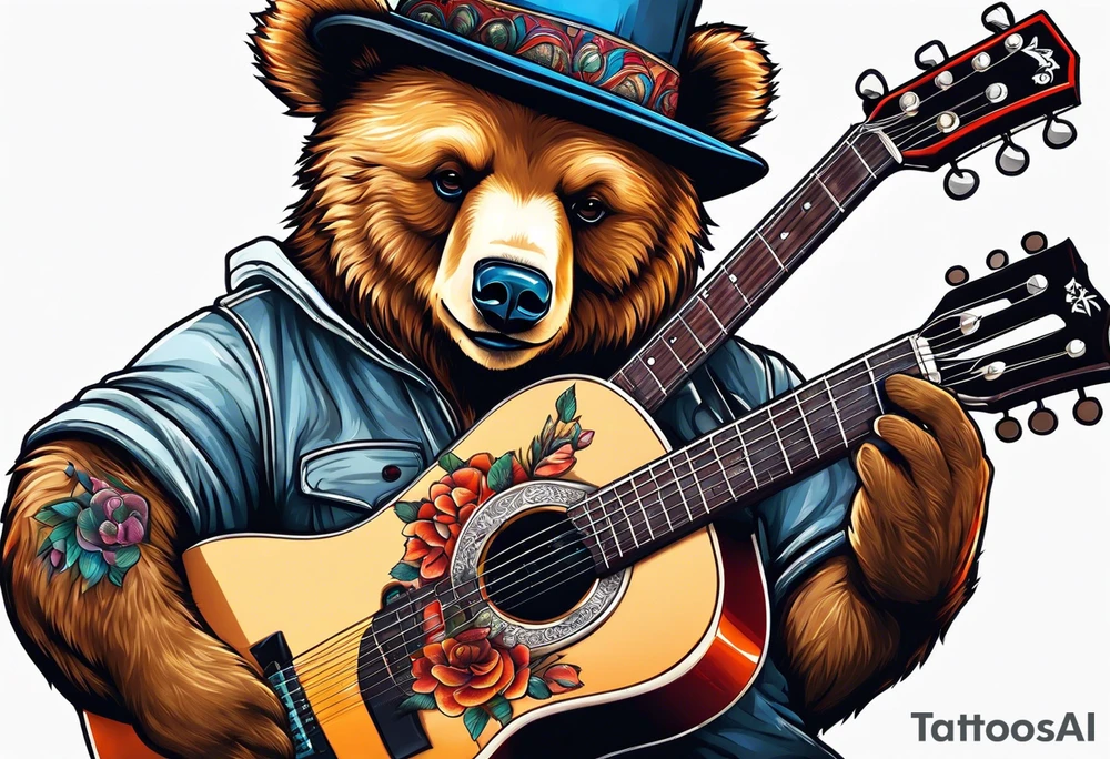 BEAR WITH HAT PLAYING GUITAR tattoo idea