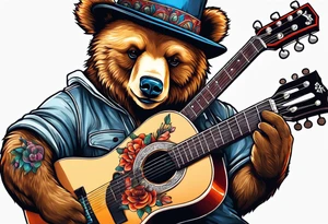 BEAR WITH HAT PLAYING GUITAR tattoo idea
