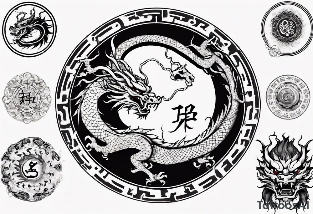 Chinese dragon in a circular shape with "02.03" written on its skin tattoo idea