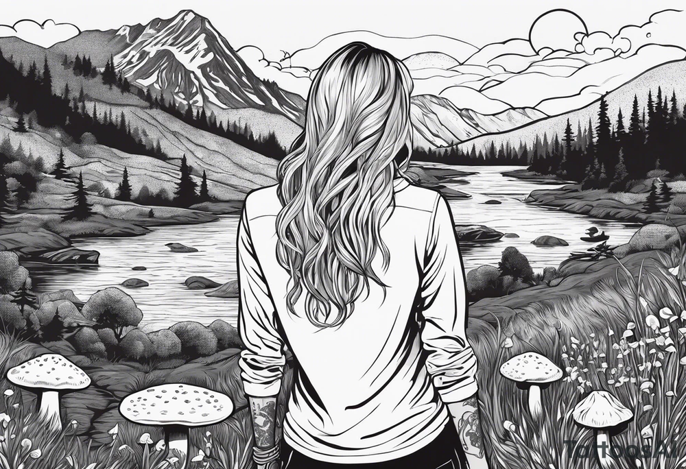 Whole picture encircled fully

Straight long blonde hair hippie girl in distance holding mushrooms in hand facing away toward mountains and creek surrounded by mushrooms long sleeve shirt and hiking pants; whole rendering within a full circle, no cut off circle tattoo idea