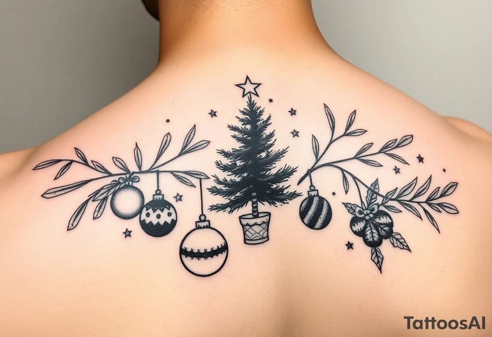 silhouettes of christmas and winter elements surrounded by olive tree and mistletoe ornaments and stars tattoo idea