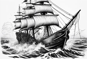 Purple and green kraken breaking brown ship tattoo idea