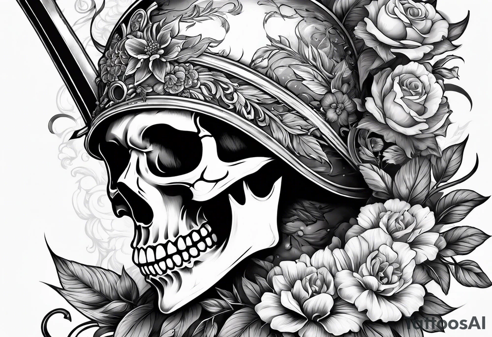 Skull with a sword stabbing through chin all the way to the top of head with flowers around the sword tattoo idea