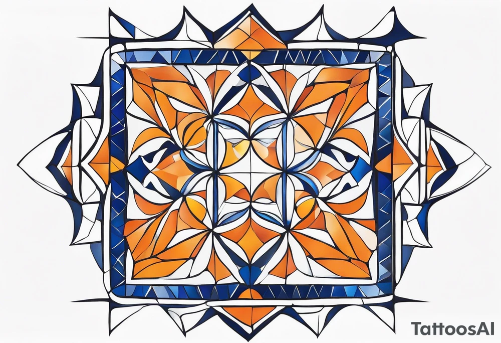 a square-shaped mosaic piece that is made of dark blue and orange. Do not mix the colors, each piece of mosaic should contain one color. It should not have too many pieces within. tattoo idea