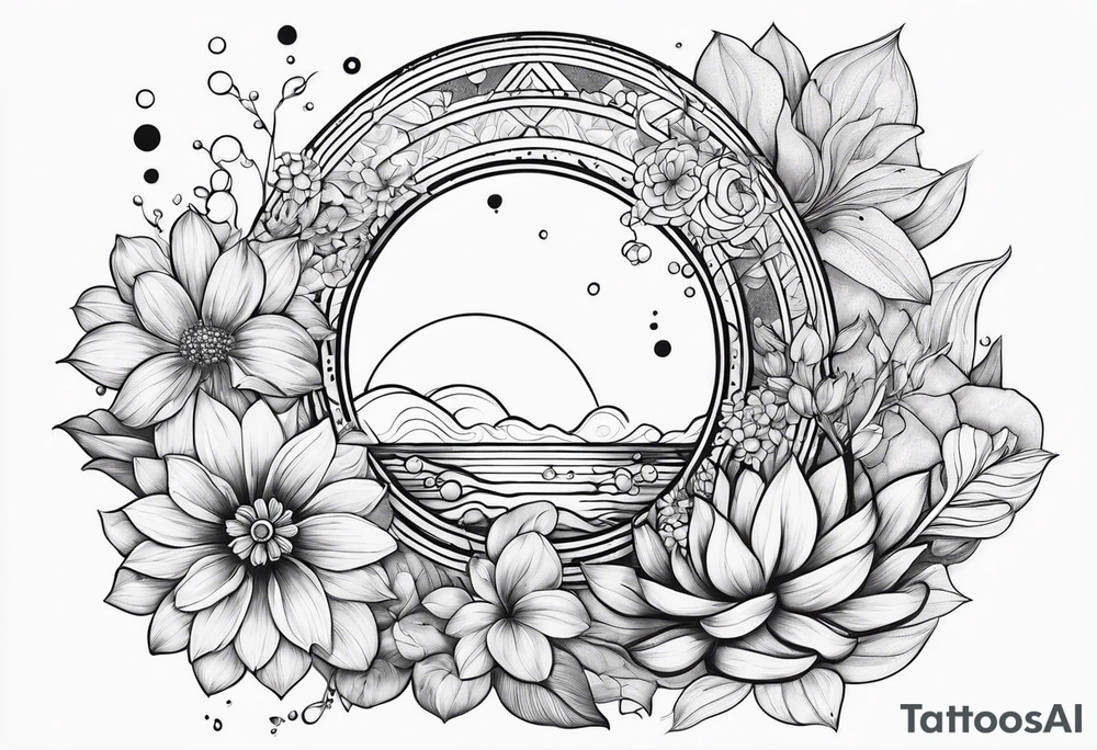 Water element, with half a sun, some flowers and water dots tattoo idea