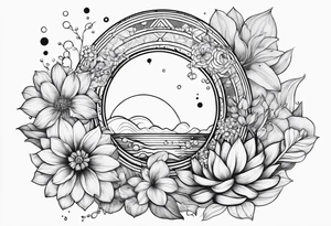 Water element, with half a sun, some flowers and water dots tattoo idea