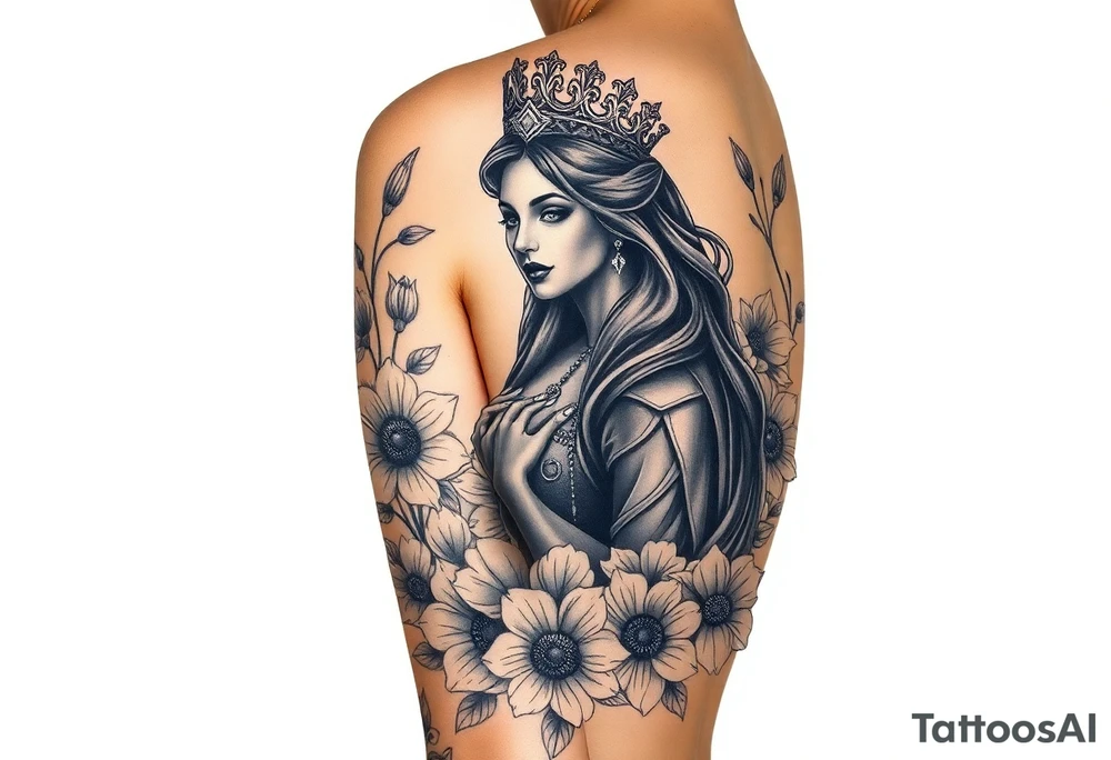 Powerful black queen surrounded by angles in a bed of flowers tattoo idea