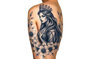 Powerful black queen surrounded by angles in a bed of flowers tattoo idea