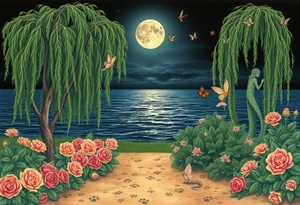 Night time. Ocean.  weeping willow garden with roses and liles flower beds. fantasy creatures, fairies, mermiads, dragons butterflies,  cat paw prints path in dirt. tattoo idea