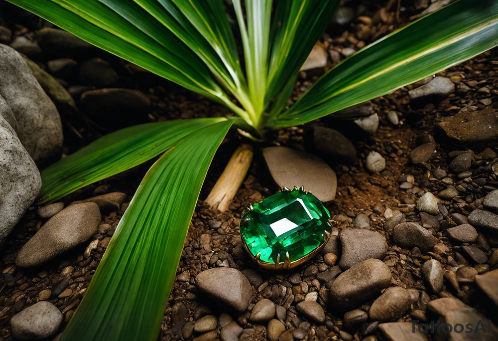 A striking Gachala emerald sits at the base of a tall quindio wax palm, which grows resiliently from cracks in rugged, rocky soil. The emerald is the main focal point, symbolizing strength and endurance, while the wax palm, rooted in the soil’s crevices, represents growth and resilience. A small water stream flows gently from the rocks, adding an element of life and nourishment. tattoo idea