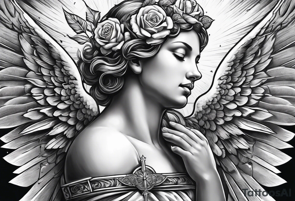 Praying Angel, with a Roman warrior looking up behind it, sun beams and rose at the bottom tattoo idea