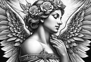 Praying Angel, with a Roman warrior looking up behind it, sun beams and rose at the bottom tattoo idea