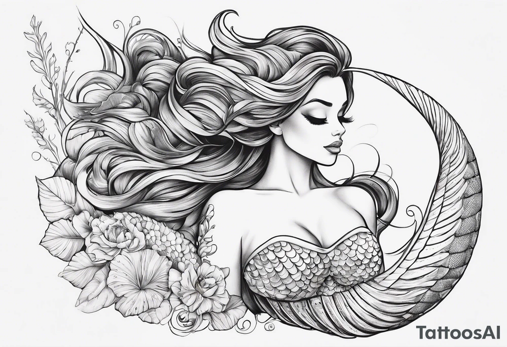 Draw a mermaid body with nice long fish tail with a shell bra tattoo idea