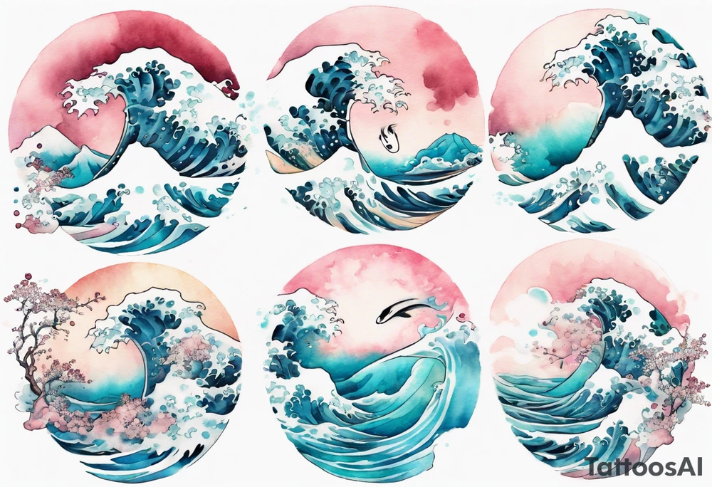 a turquoise and white and pink pretty Umibōzu rising from the blue waves of the ocean tattoo idea