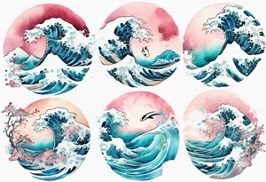 a turquoise and white and pink pretty Umibōzu rising from the blue waves of the ocean tattoo idea
