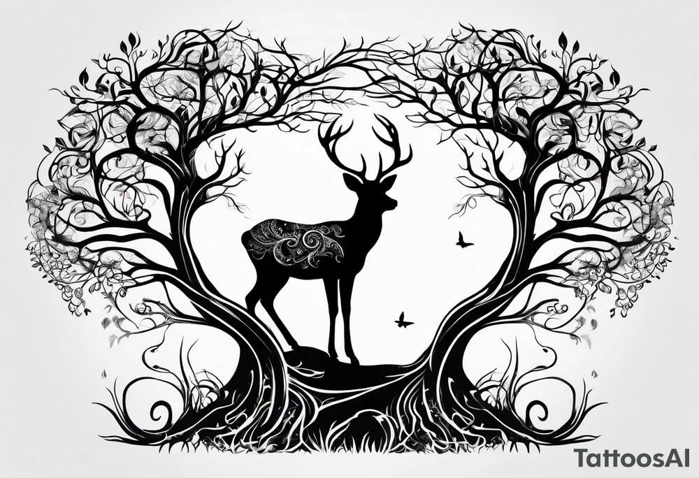 tree of life with root drawing a deer tattoo idea