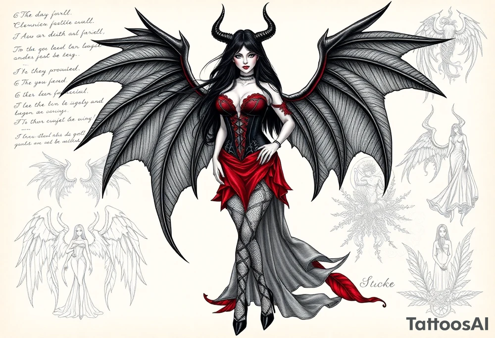 🔥 Image 1: Dark Demon Woman Tattoo Design

A seductive demoness with long black hair and sharp black horns stands confidently. She has large, leathery black wings with spiked edges extending from her back. Her outfit is a gothic corset-style dress with red accents and lace, combined with fishnet stockings and high heels. Her overall aura is dark, powerful, and alluring, blending elegance with danger. The background looks like a magical grimoire page, with handwritten runes and sketches of demonic wings and figures, giving it a mystical, ancient vibe.

Keywords: demon woman, succubus, gothic wings, red-black corset, dark fantasy, seductive devil, horned female, tattoo sketchbook

⸻

🌟 Image 2: Angelic Woman Tattoo Design

A beautifully detailed pencil sketch of an angelic woman with long flowing hair and magnificent feathered wings. She wears a flowing, nature-inspired gown adorned with floral and leaf patterns, blending elegance and divine femininity. Her expression is serene yet strong. The feathers and fabric flow gracefully around her, creating a sense of lightness and movement. The black-and-white pencil drawing gives it a timeless, classical tattoo appeal.

Keywords: angel woman, divine beauty, feathered wings, floral gown, feminine strength, heavenly figure, pencil sketch, classic tattoo tattoo idea