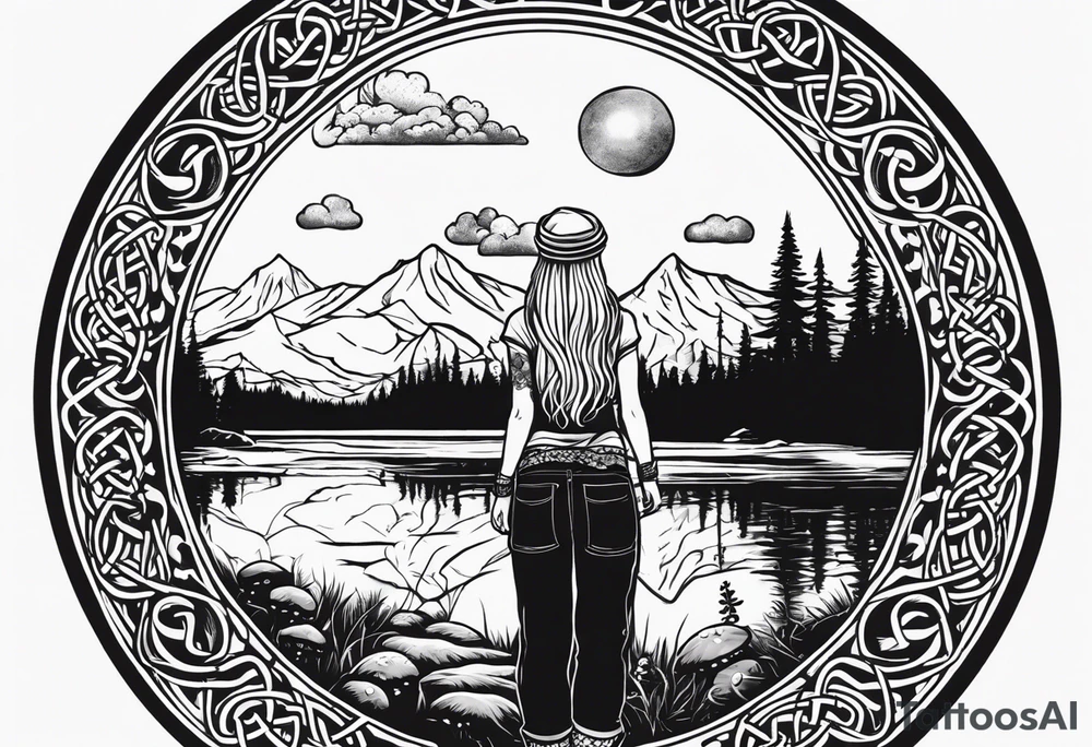 Whole picture encircled fully

Straight long blonde hair hippie girl in distance holding mushrooms in hand facing away toward mountains and creek surrounded by mushrooms long sleeve shirt and hiking pants; whole rendering within a full celtic circle, no cut off circle tattoo idea
