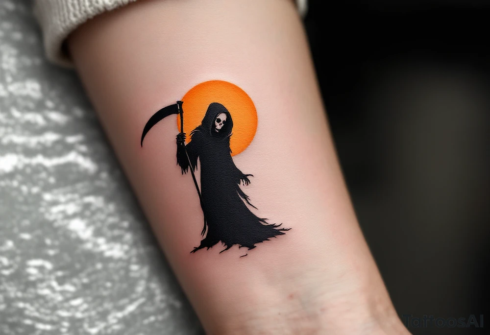 A minimalist black Grim Reaper silhouette with a glowing orange moon behind him. tattoo idea