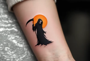 A minimalist black Grim Reaper silhouette with a glowing orange moon behind him. tattoo idea