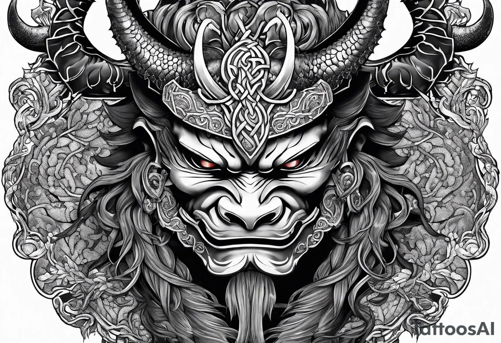 oni mask wrapped in a dragon above a full body side profile Celtic warrior tattoo idea