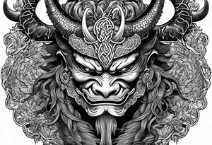 oni mask wrapped in a dragon above a full body side profile Celtic warrior tattoo idea