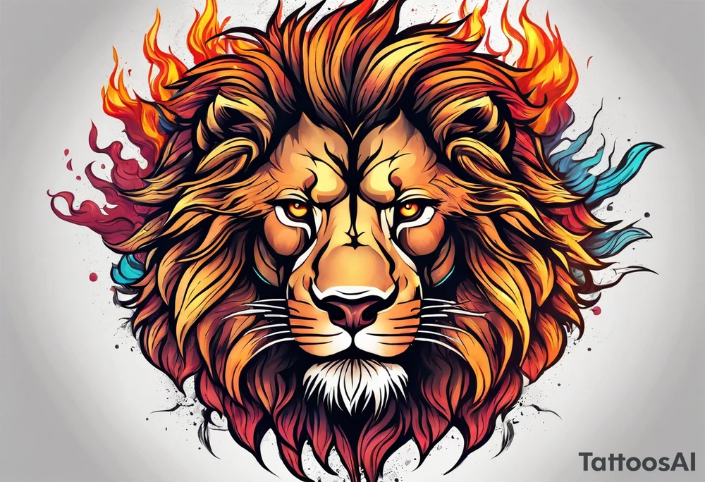 An angry lion surrounded by fire in full color tattoo idea