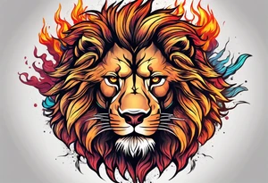 An angry lion surrounded by fire in full color tattoo idea
