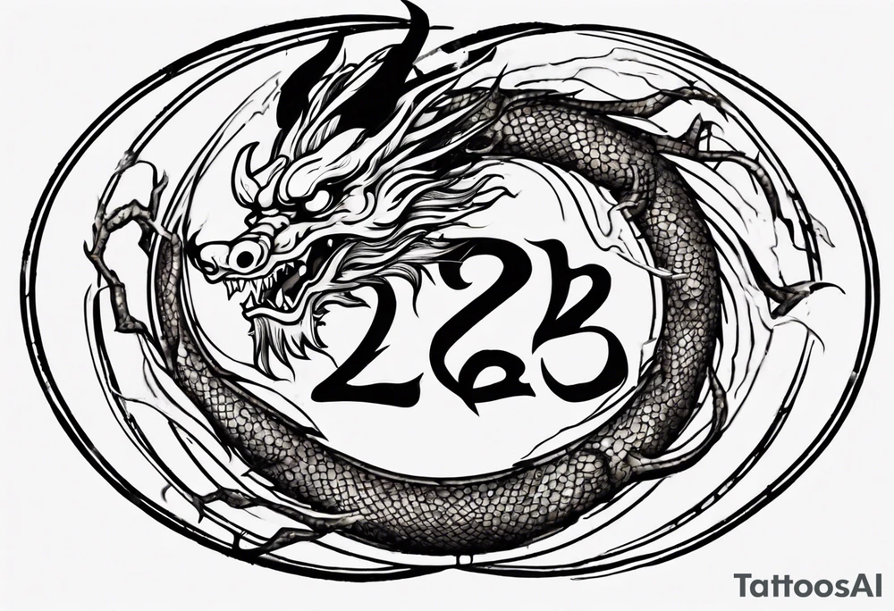 Chinese dragon in a circular shape with "02.03" written on it tattoo idea