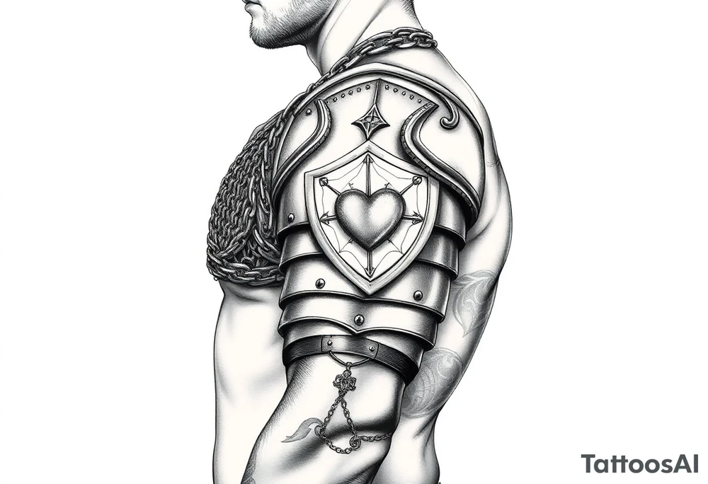 Layered chainmail and plate armor from top of trapezius to below elbow with an intricate plate armor piece with a heart on shoulder tattoo idea