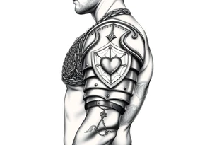 Layered chainmail and plate armor from top of trapezius to below elbow with an intricate plate armor piece with a heart on shoulder tattoo idea