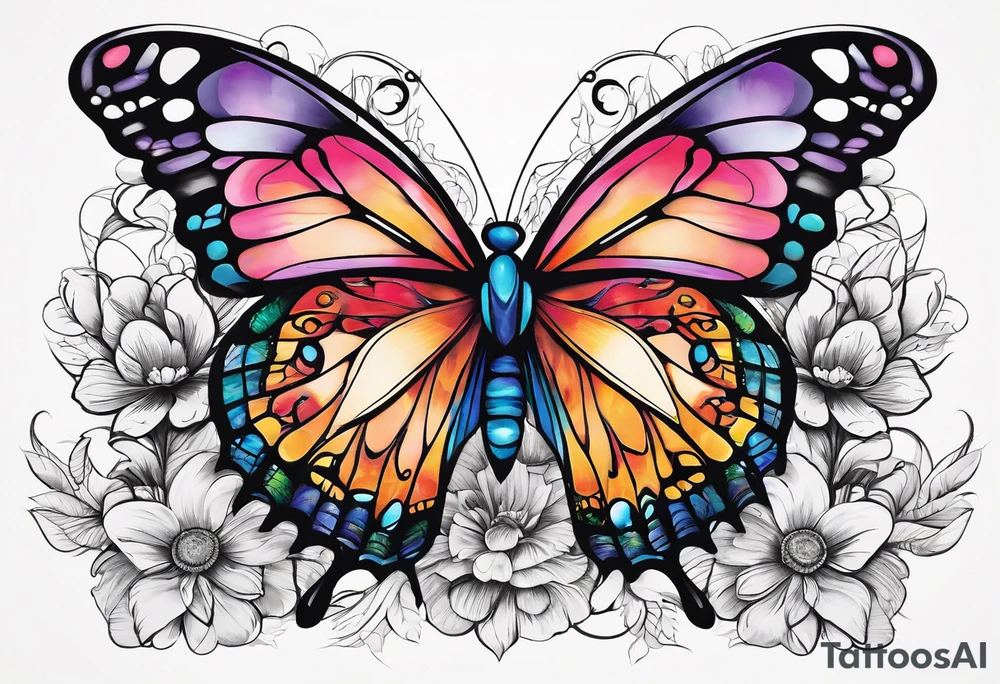 A vibrant butterfly with colorful wings, resting on a flower, showcasing transformation and beauty.” tattoo idea