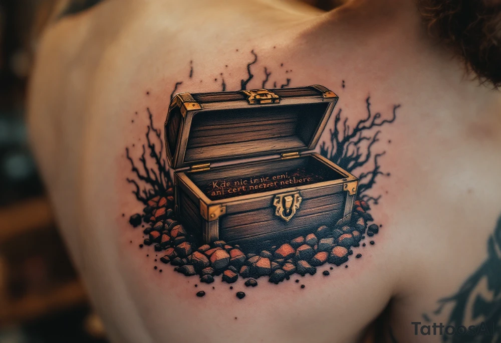 "Kde nic neni, ani cert nebere." — An empty treasure chest surrounded by scorched earth in black and rust tones, the quote carved into its lid. tattoo idea
