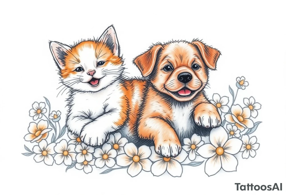 A white and orange kitten happy as can be I can even see a smile while a brown puppy full of love and joy rolling around in a bed of flowers together tattoo idea