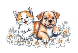 A white and orange kitten happy as can be I can even see a smile while a brown puppy full of love and joy rolling around in a bed of flowers together tattoo idea