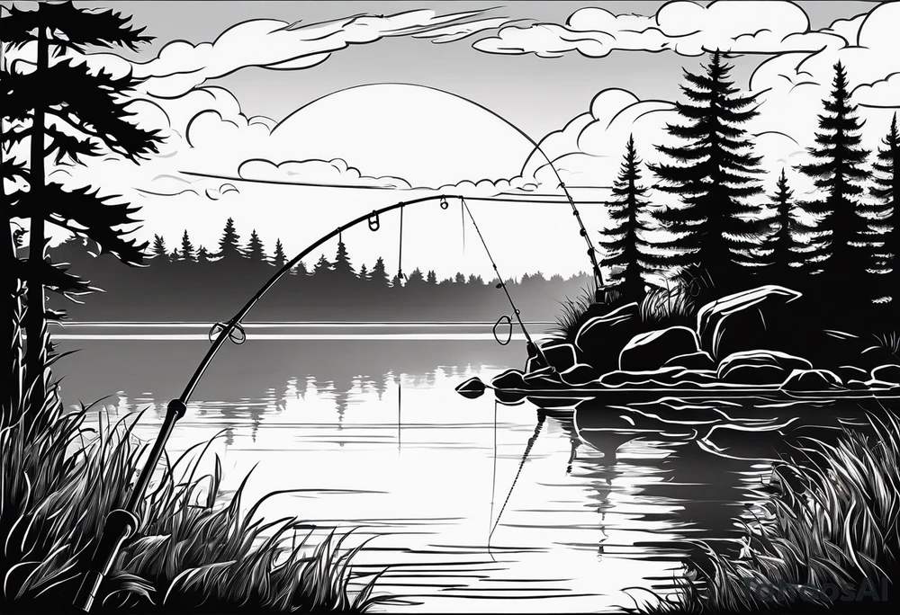 Fishing rod on a lake bank
do not put a fish in the picture fine line silhouette tattoo idea